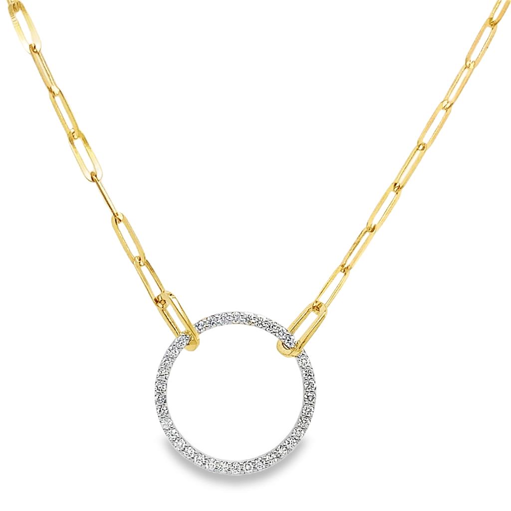 18kt Two-Tone Diamond Circle Pendant Paperclip Necklace