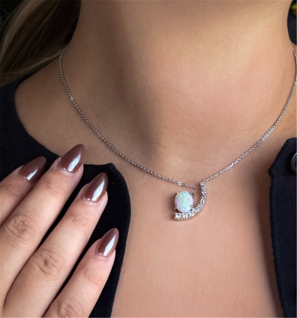 14Kt White Gold Opal And Diamond Curve Necklace