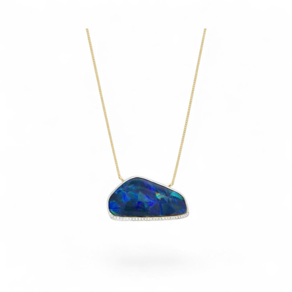 14KT Yellow Gold Doublet Opal & Diamond Pendant Necklace