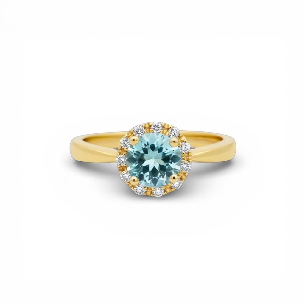 14KT Yellow Gold Aquamarine and Diamond Round Halo Fashion Ring