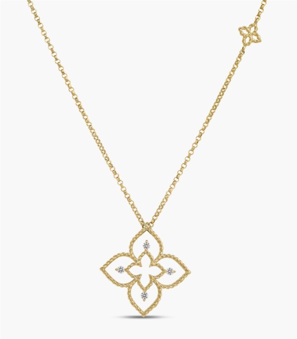 18kt Yellow Gold Roberto Coin Princess Flower Diamond Open Frame Necklace – 17"