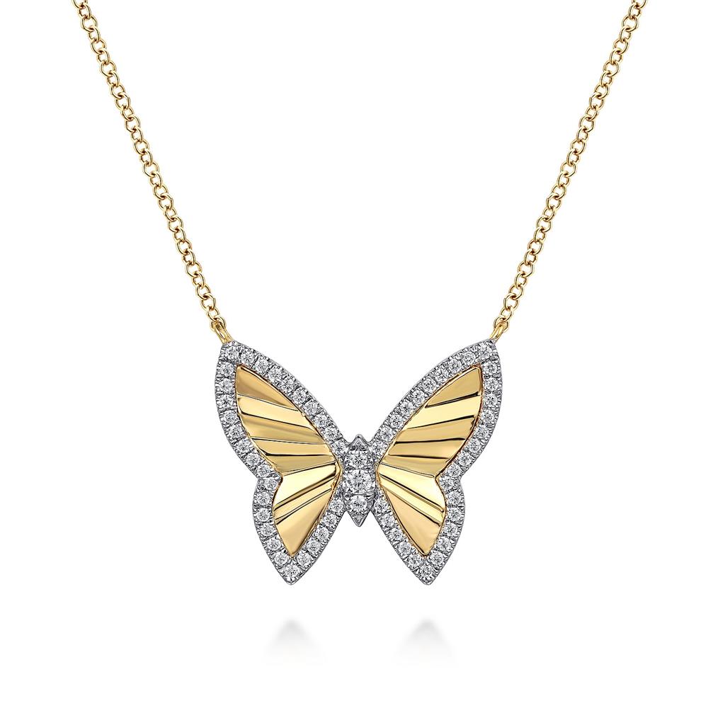 14K White and Yellow Gold Diamond Cut Butterfly Necklace