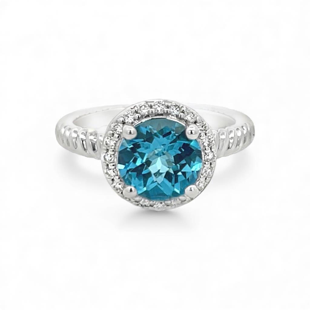 14kt White Gold Swiss Blue Topaz & Diamond Round Halo Fashion Ring