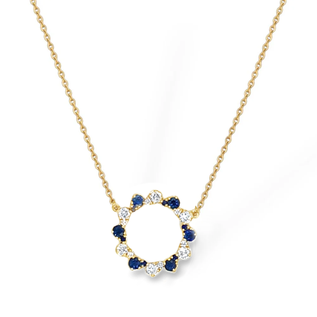14kt Yellow Gold Sapphire & Diamond Open Floral Circle Pendant Necklace