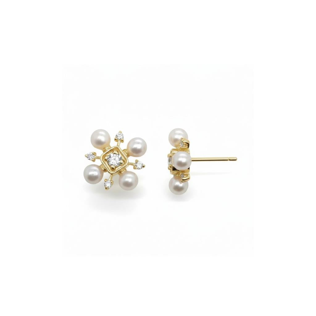 14kt Yellow Gold Pearl & Diamond Flower Stud Earrings