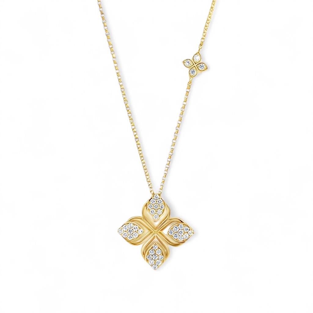 18KT Yellow Gold Arabesque Pave Diamond Flower Necklace