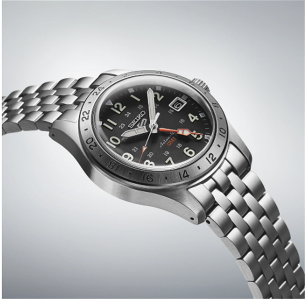 Seiko 5 Sports Stainless Steel Black Arabic Dial Watch – Ref. SSK023 - close up view