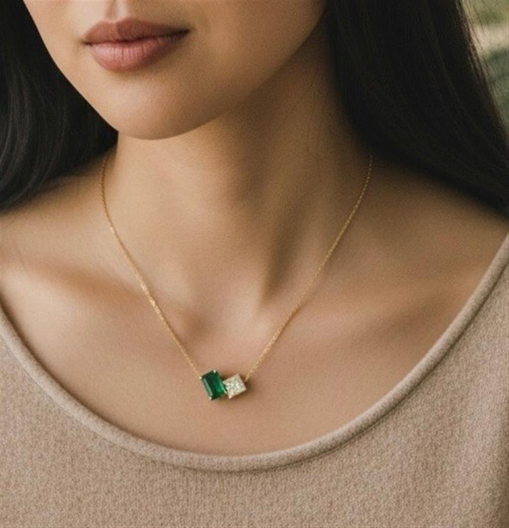 14KT Yellow Gold Emerald and Diamond Toi Et Moi Necklace