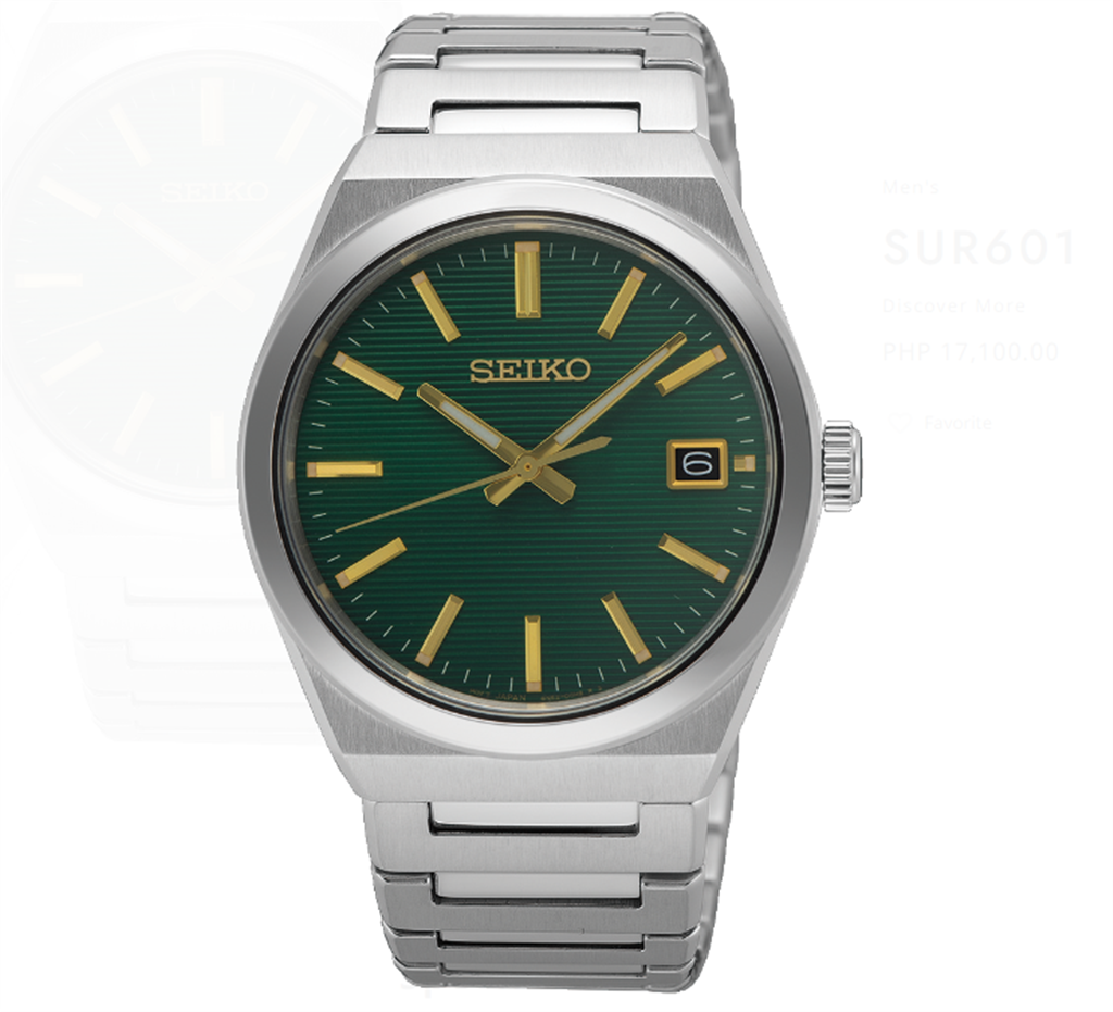 Seiko Essentials Stainless Steel Green Index Dial Watch ā Ref. SUR601