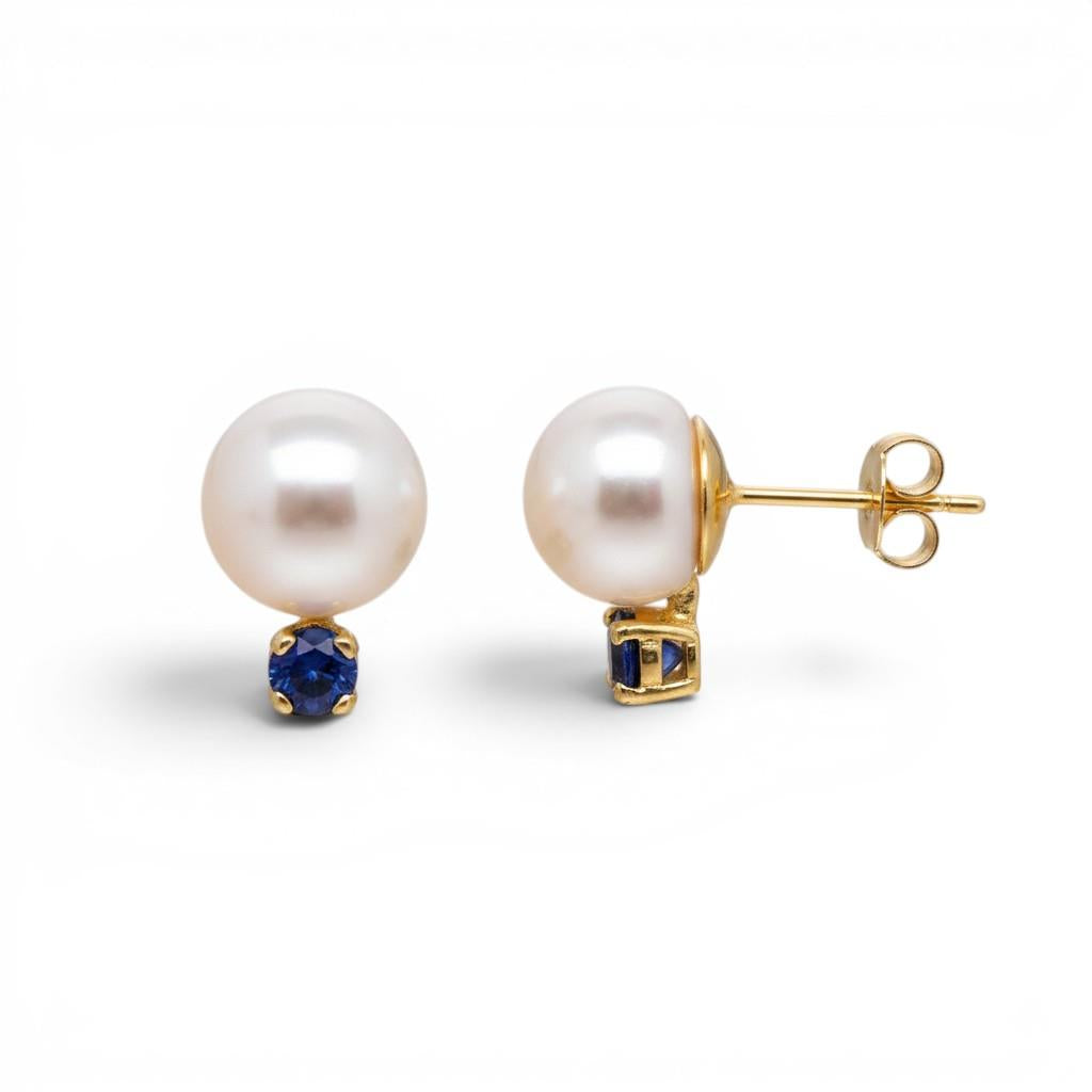 14KT Yellow Gold Pearl & Sapphire Stud Earrings