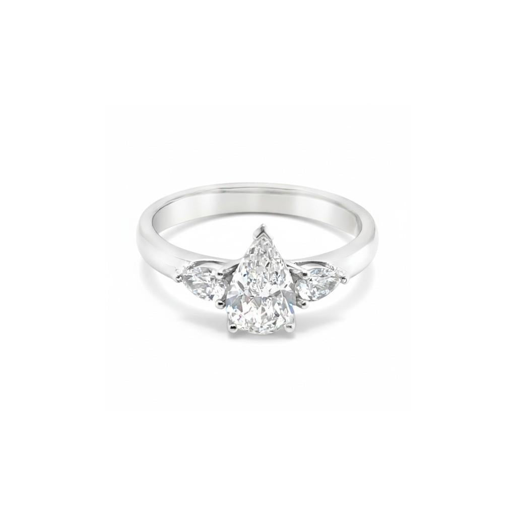 14K White Gold Three Stone Pear Diamond Engagement Ring | 0.96ct