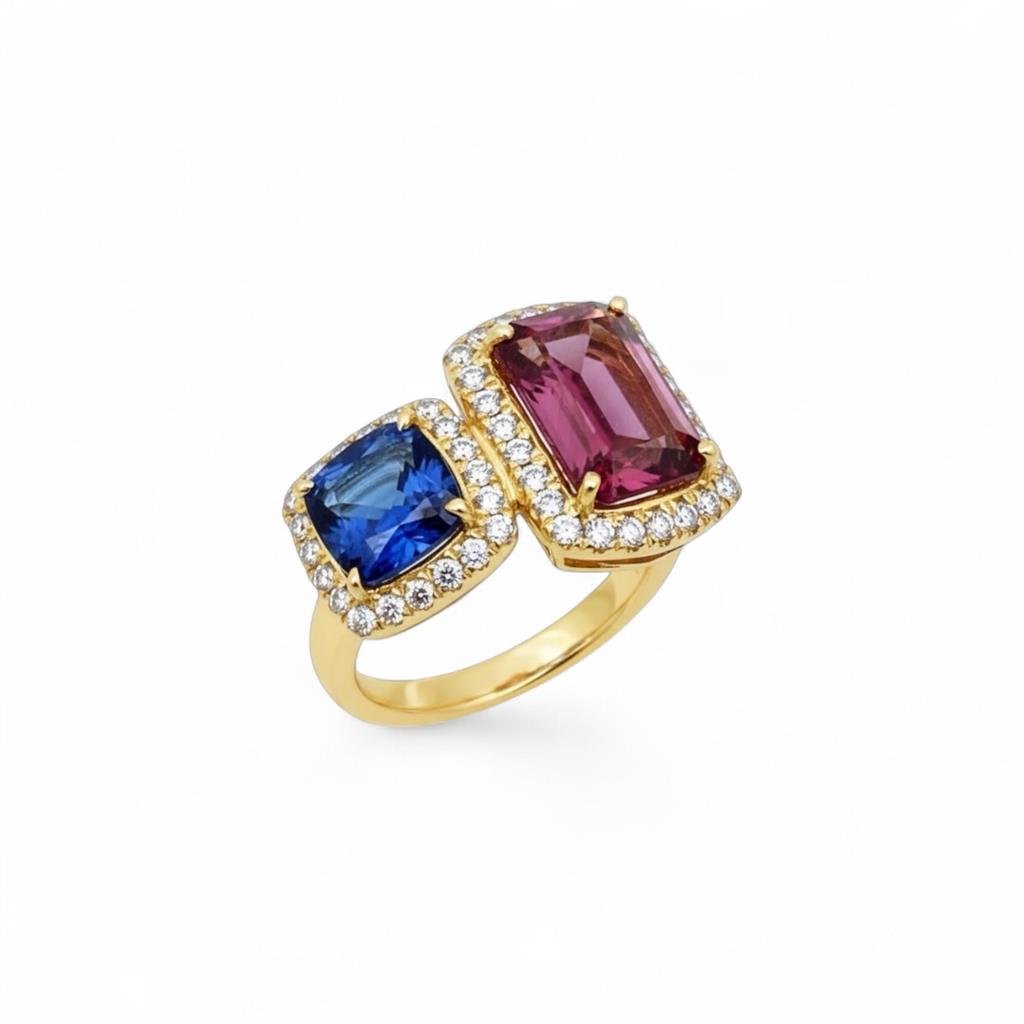 14KT Yellow Gold Watermelon Tourmaline and Tanzanite Toi Et Moi Ring