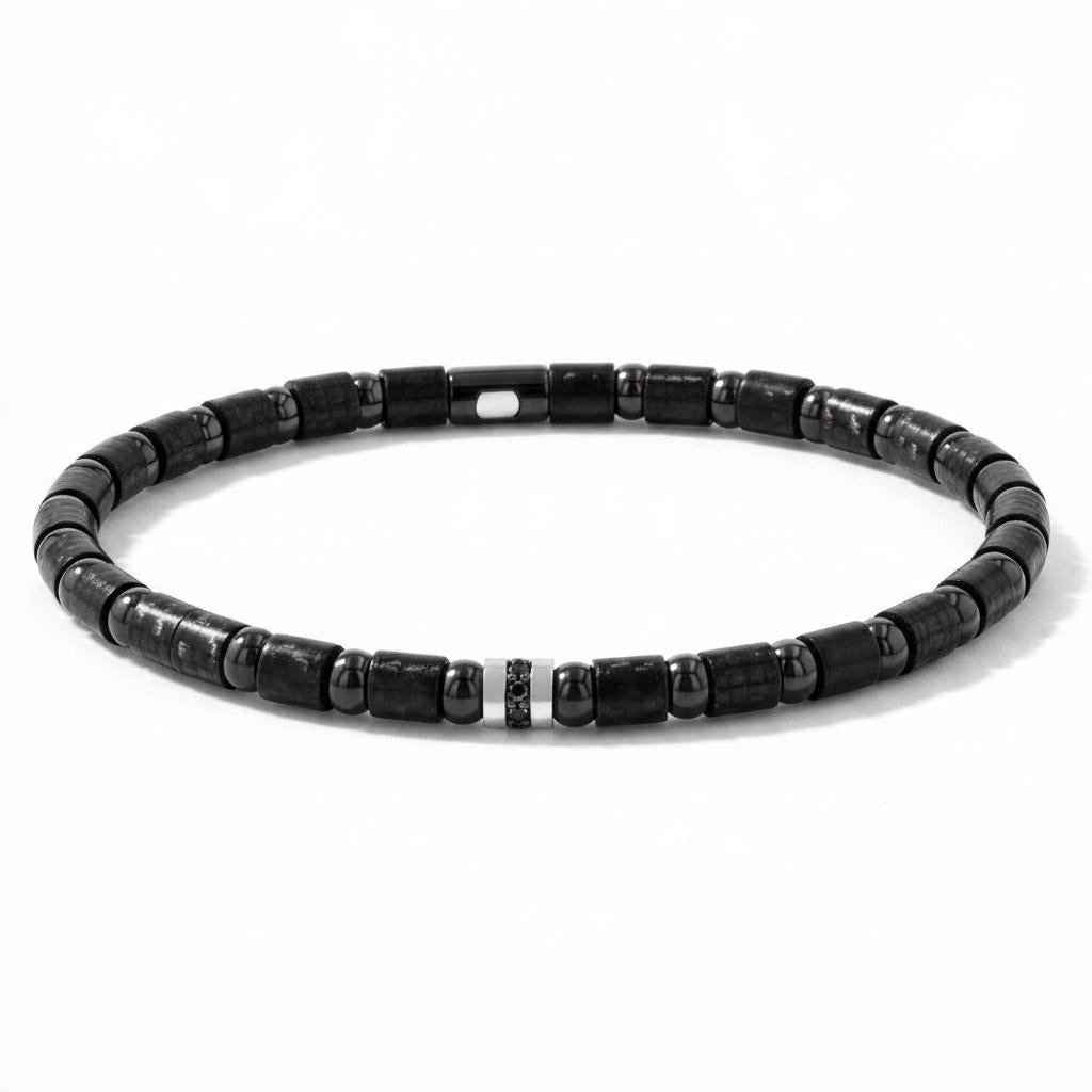 Black Ceramic, Carbon & 18KT White Gold Black Diamond Station Stretch Bracelet