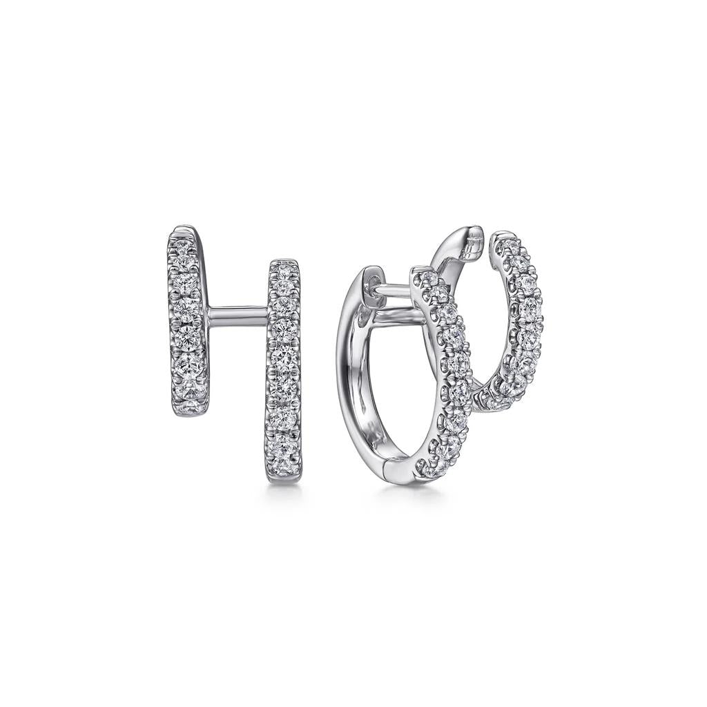 14kt White Gold Double Huggie Diamond Hoop Earrings