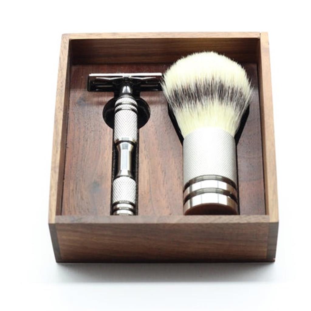 Stainless Steel Cx-316L Razor & Brush Gift Set with Wooden Box