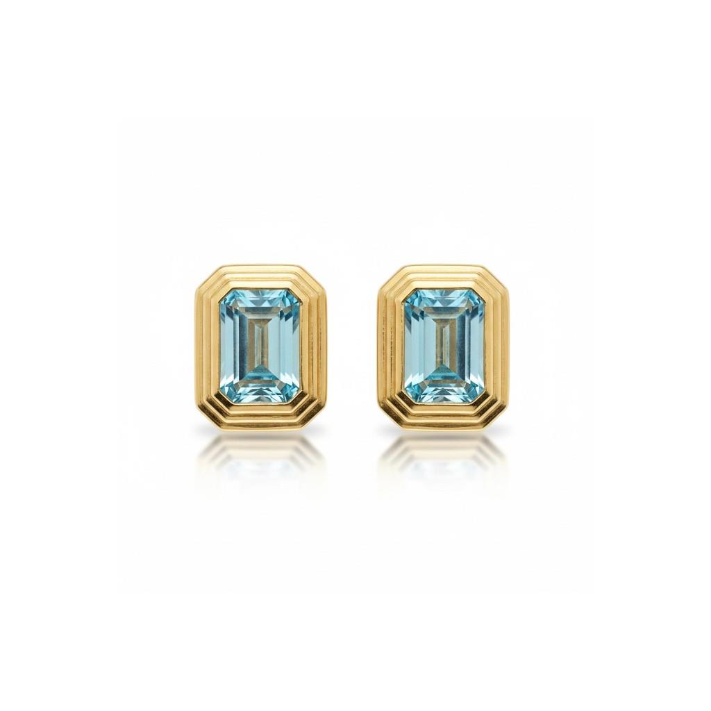 14kt Yellow Gold Bezel-Set Emerald-Cut Blue Topaz Stud Earrings