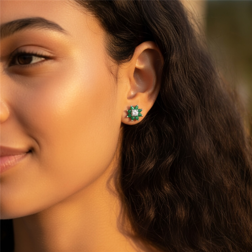 14KT White Gold Diamond And Emerald Flower Stud Earrings
