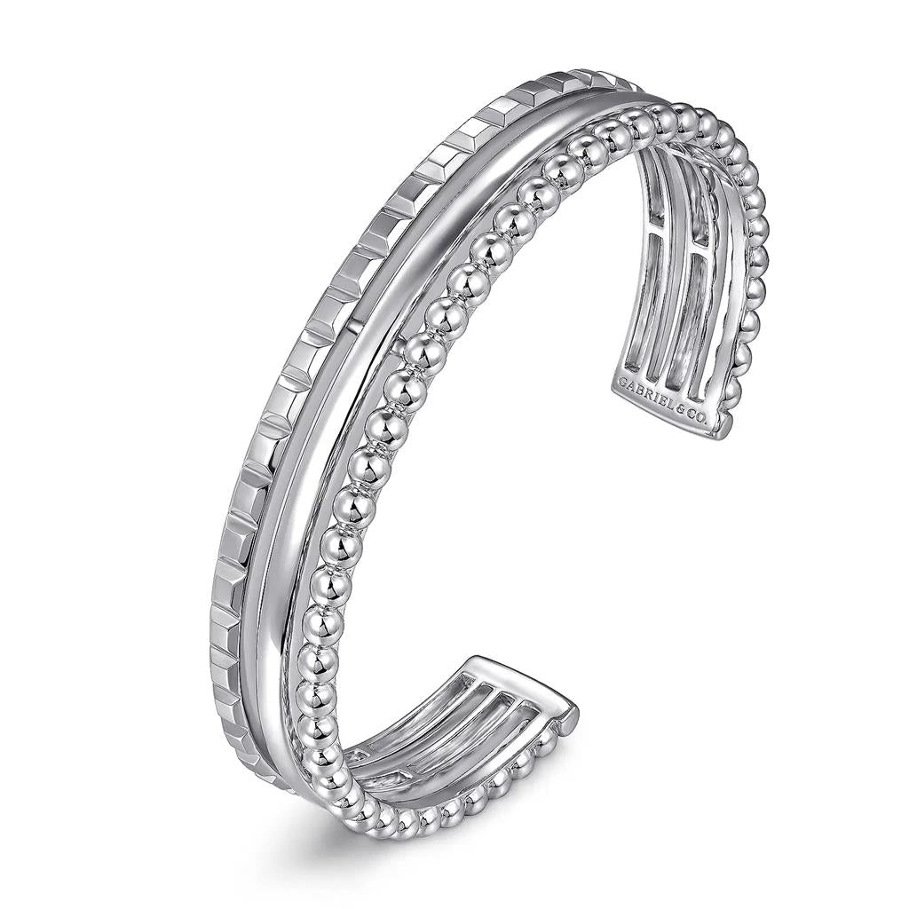 Sterling Silver Bujukan & Pyramid Triple Row Bangle Bracelet