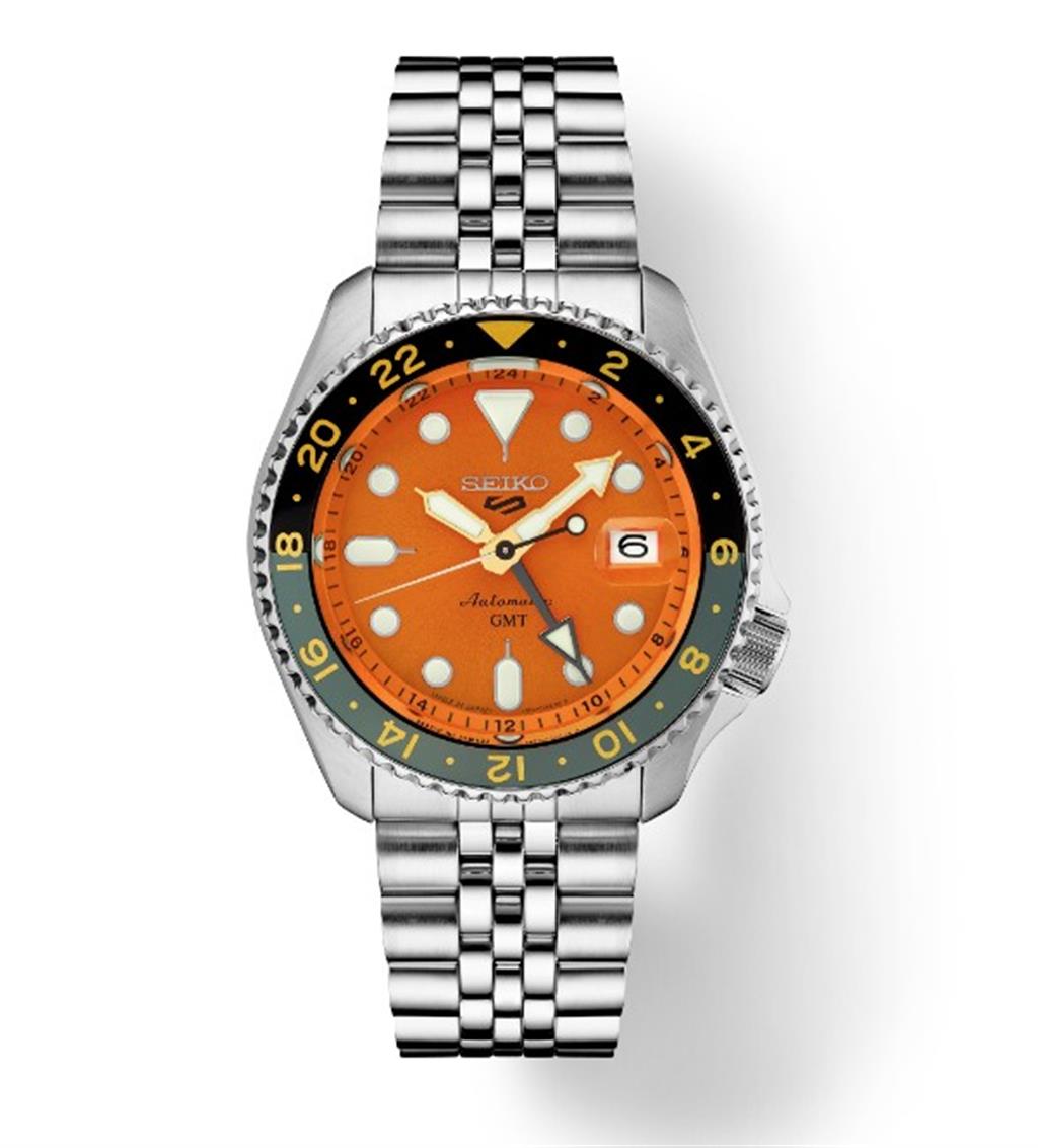 Seiko 5 Stainless Steel Orange Index Dial Sports Watch - SSK005