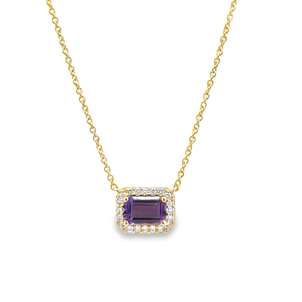 14kt Yellow Gold Amethyst & Diamond Emerald-Cut Halo Necklace