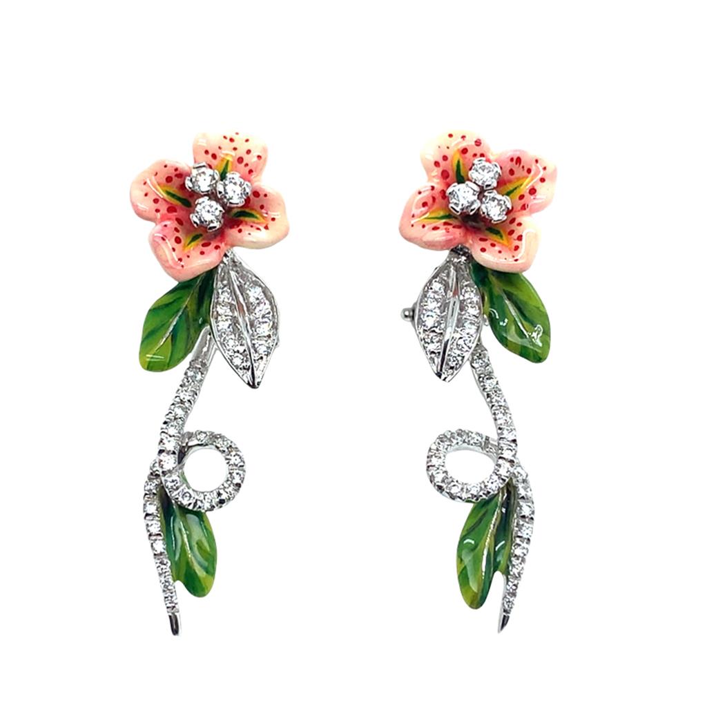 18kt White Gold Enameled Diamond Flower Omega Clip-Back Fashion Earrings
