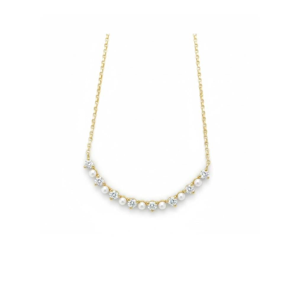 14kt Yellow Gold Diamond & Pearl Bar Pendant Rolo Chain Necklace