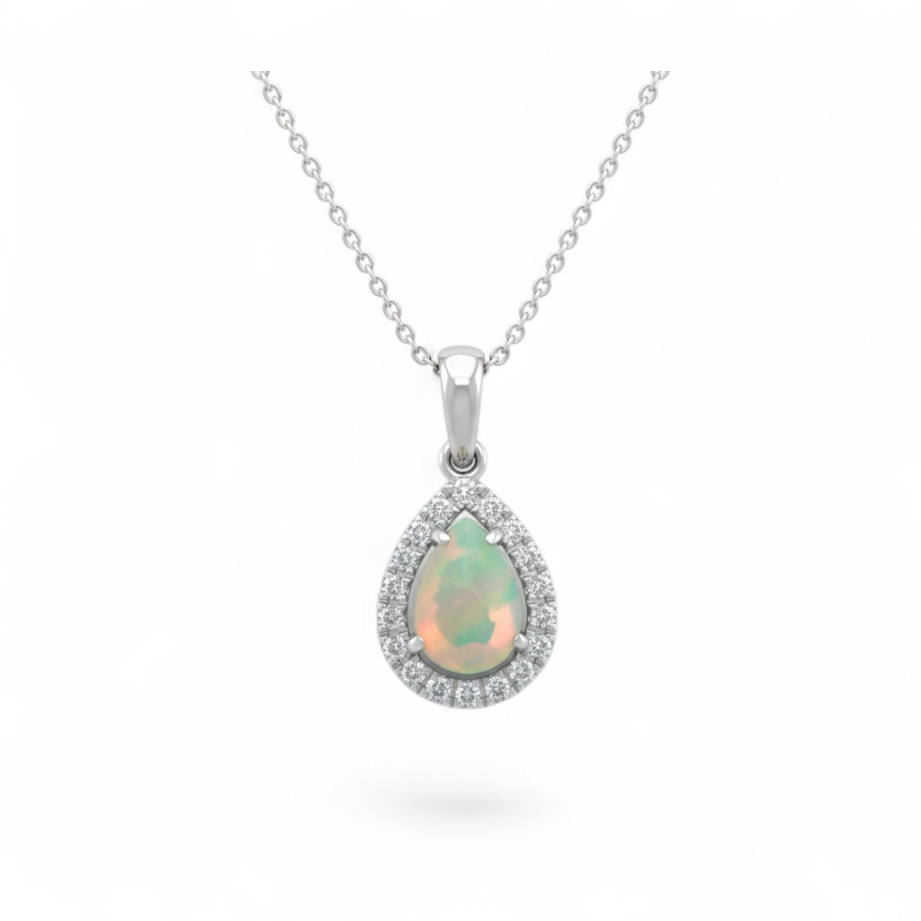14KT White Gold Pear-Shaped Opal & Diamond Halo Pendant
