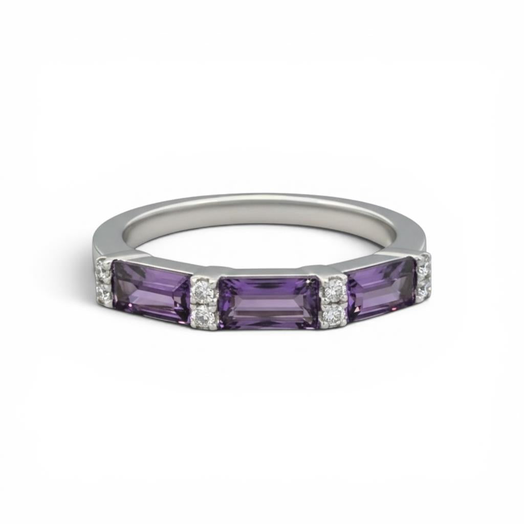 14K White Gold Baguette Amethyst & Diamond 3-Stone Ring | 1.29 CTW