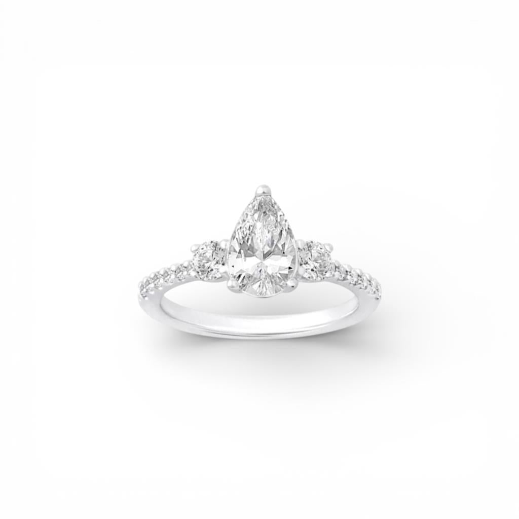 14KT White Gold 3 Stone Pear Shaped Diamond Semi-Mounting