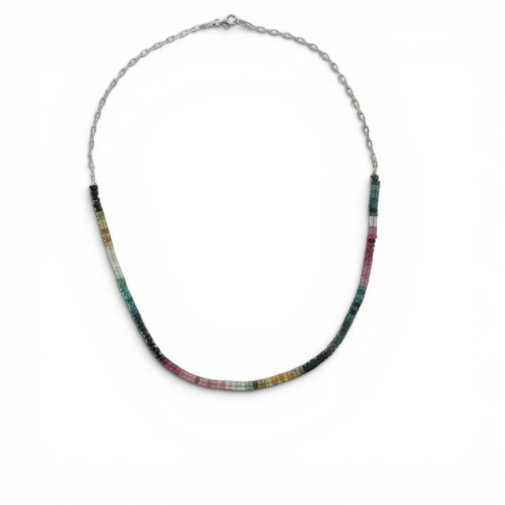 14KT White Gold Diamond-Cut Paperclip Chain & Multi-Colored Tourmaline Necklace