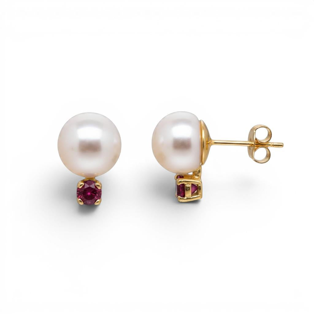 14KT Yellow Gold Pearl & Ruby Stud Earrings