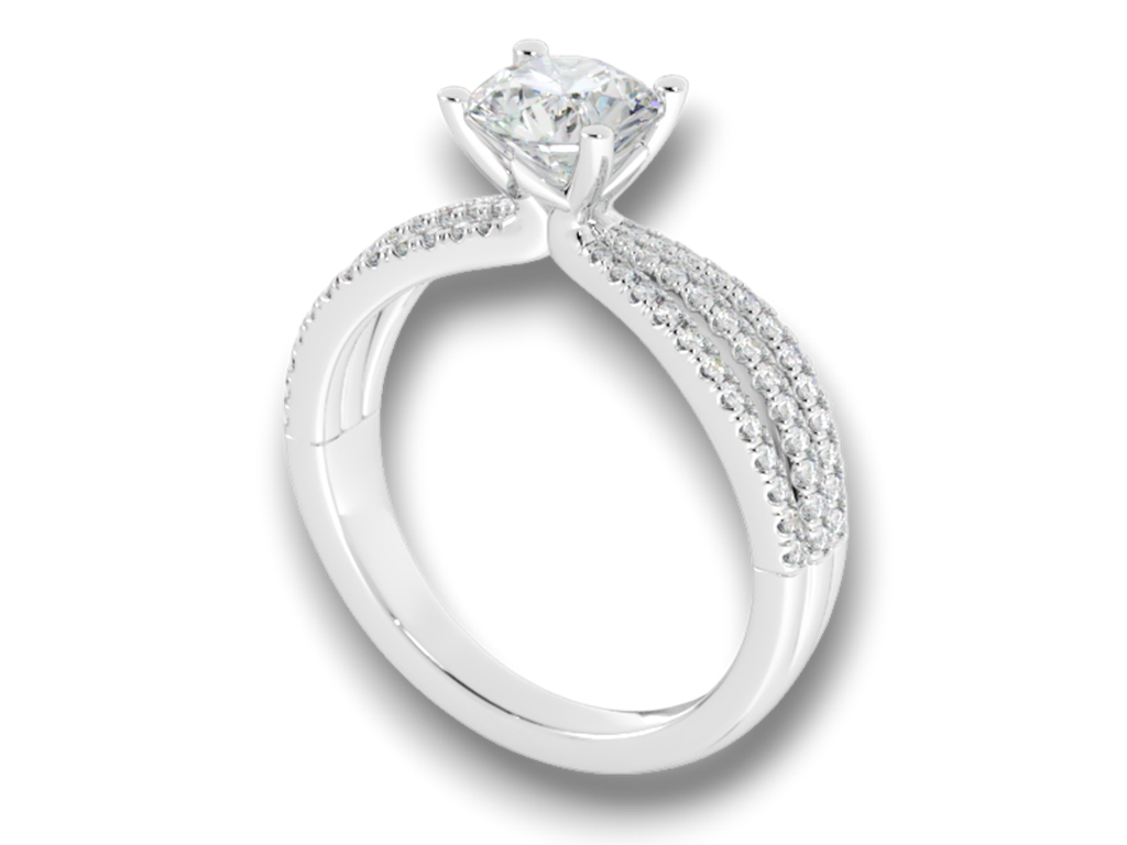 14kt White Gold 3-Row Split Shank Diamond Engagement Ring – 0.70ct Center