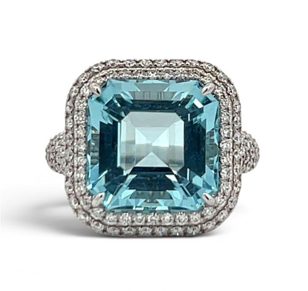 18K White Gold Aquamarine & Diamond Double Halo Ring