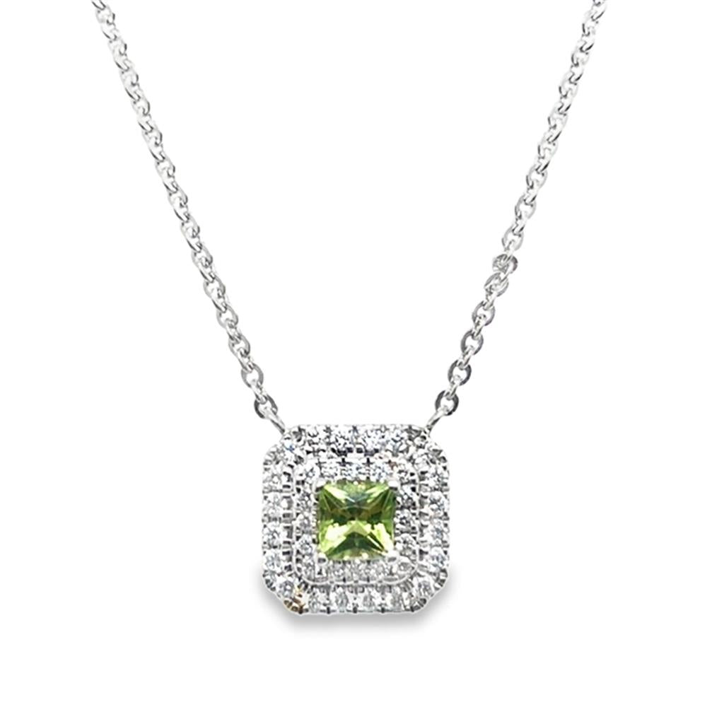14kt White Gold Peridot & Diamond Double Halo Necklace