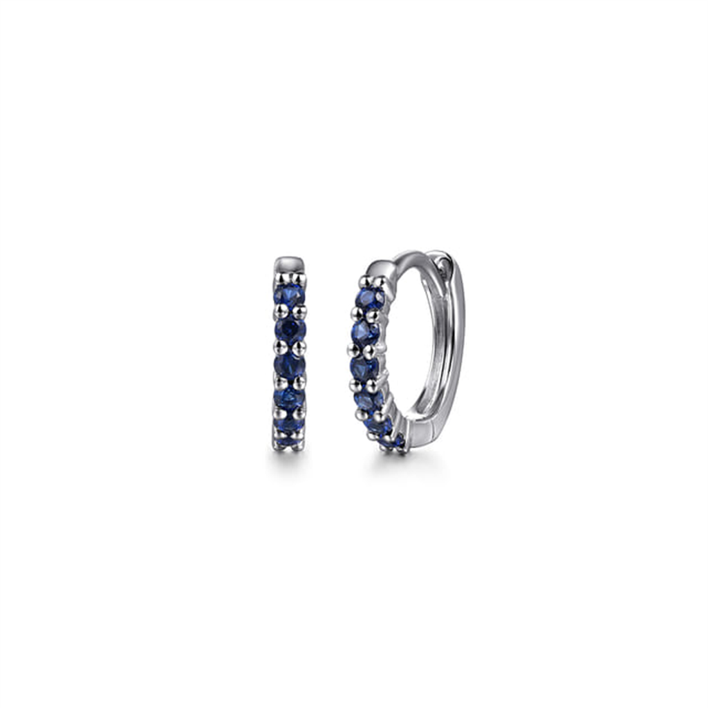 14kt White Gold Blue Sapphire Huggie Hoop Earrings. (0.20ct, 12 Sapphires)