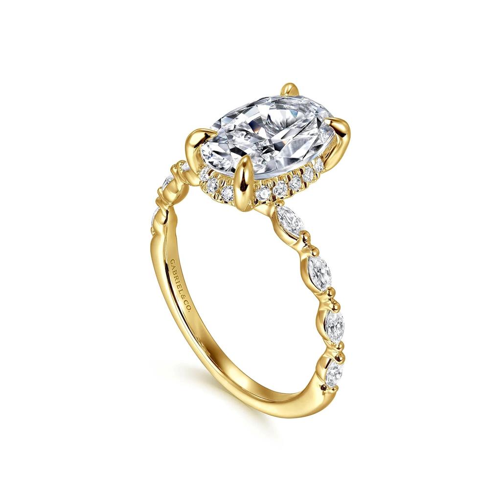 14K Yellow Gold Oval Hidden Halo Diamond Semi-Mount Engagement Ring