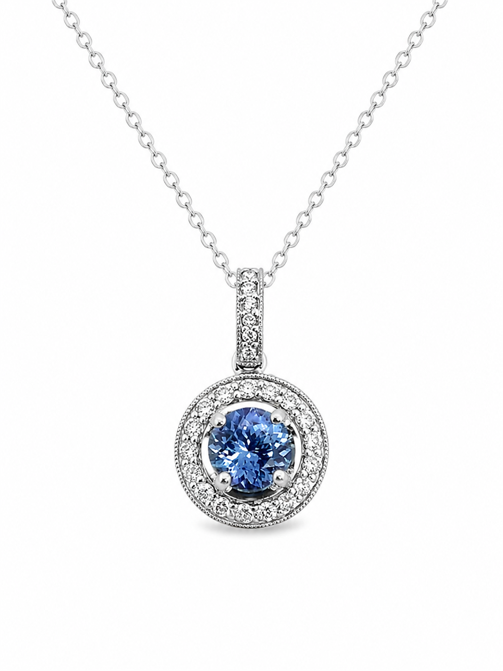 14kt White Gold Diamond Halo Sapphire Pendant