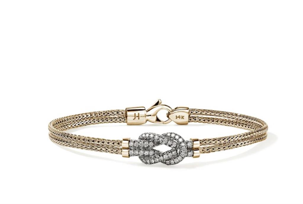 14kt Yellow Gold Love Knot Diamond Pave Station Double Row Bracelet