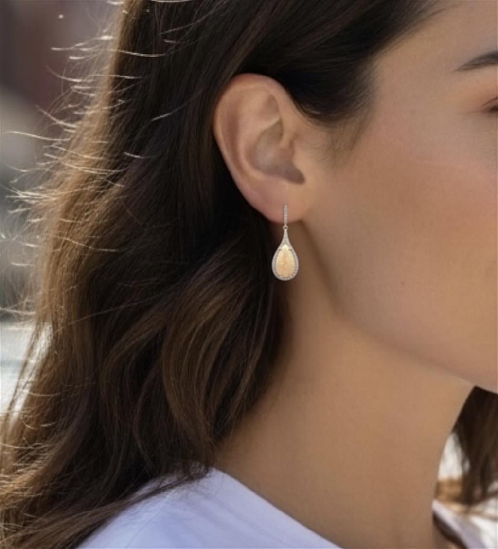 14KT Yellow Gold Diamond And Opal Earrings