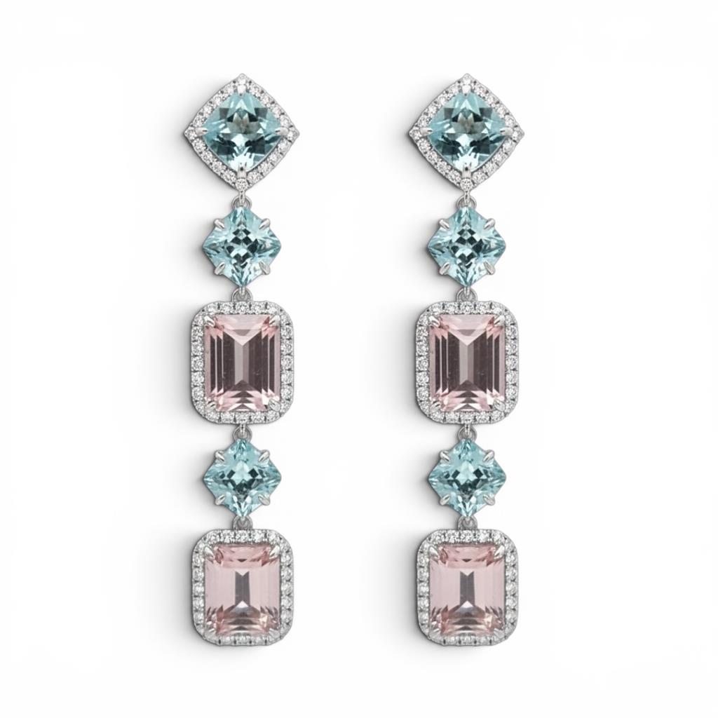 18K White Gold Morganite, Aquamarine & Diamond Halo Dangle Earrings