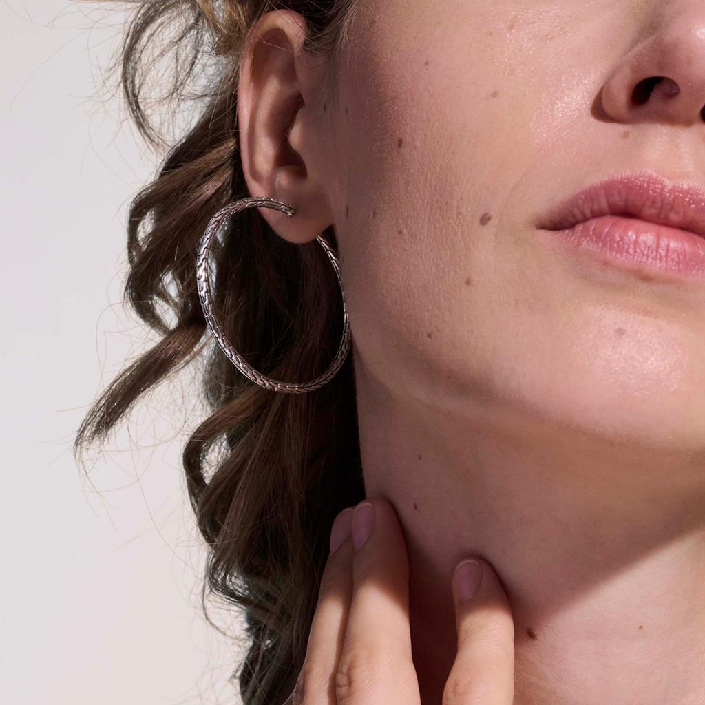 Sterling Silver 50mm Carved Chain Hoop Earrings