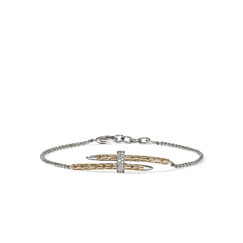 Sterling Silver & 14kt Yellow Gold Spear Pavé Diamond Station Rolo Chain Bracelet BUZZP989572DIXUM