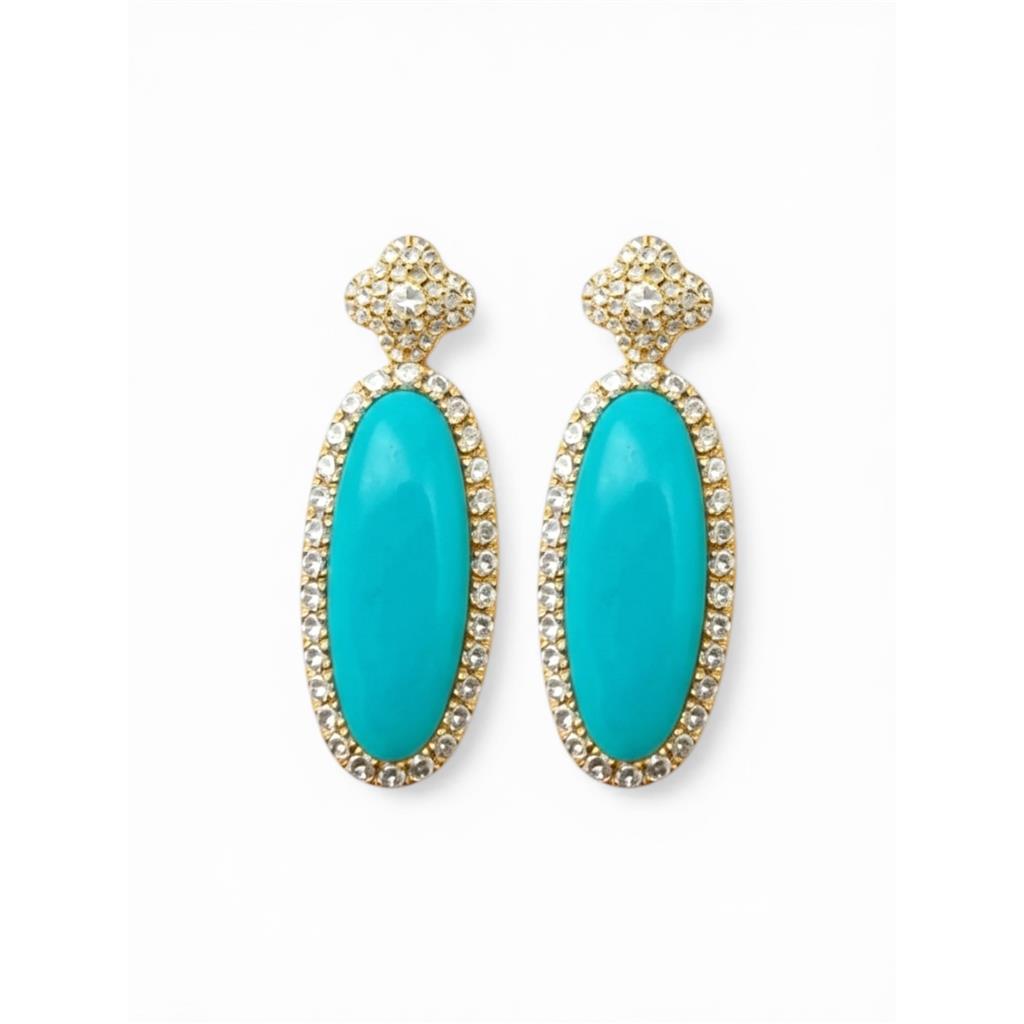 14 Kt Yellow Gold Turquoise & Diamond Halo Earrings