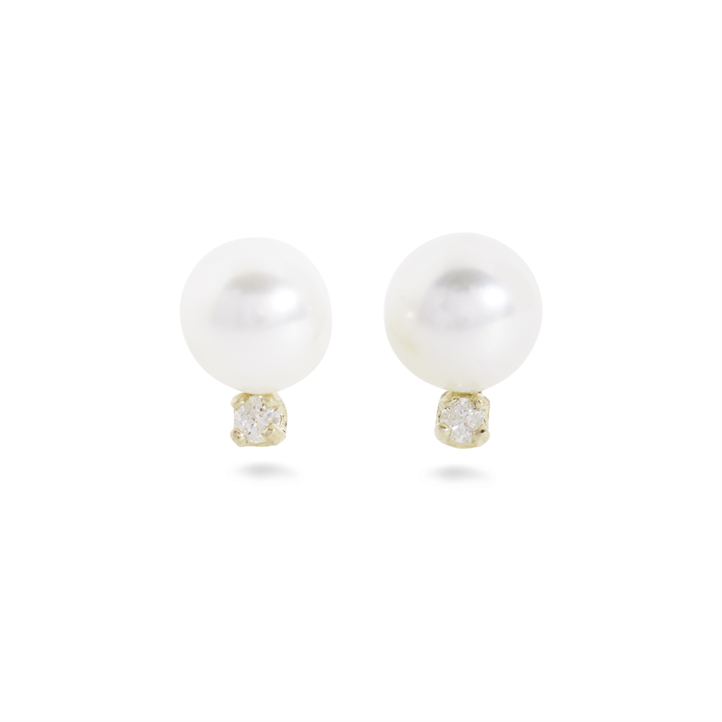 14kt Yellow Gold 6.0mm Pearl & Diamond Stud Earrings – AAA Quality, 0.05ctw