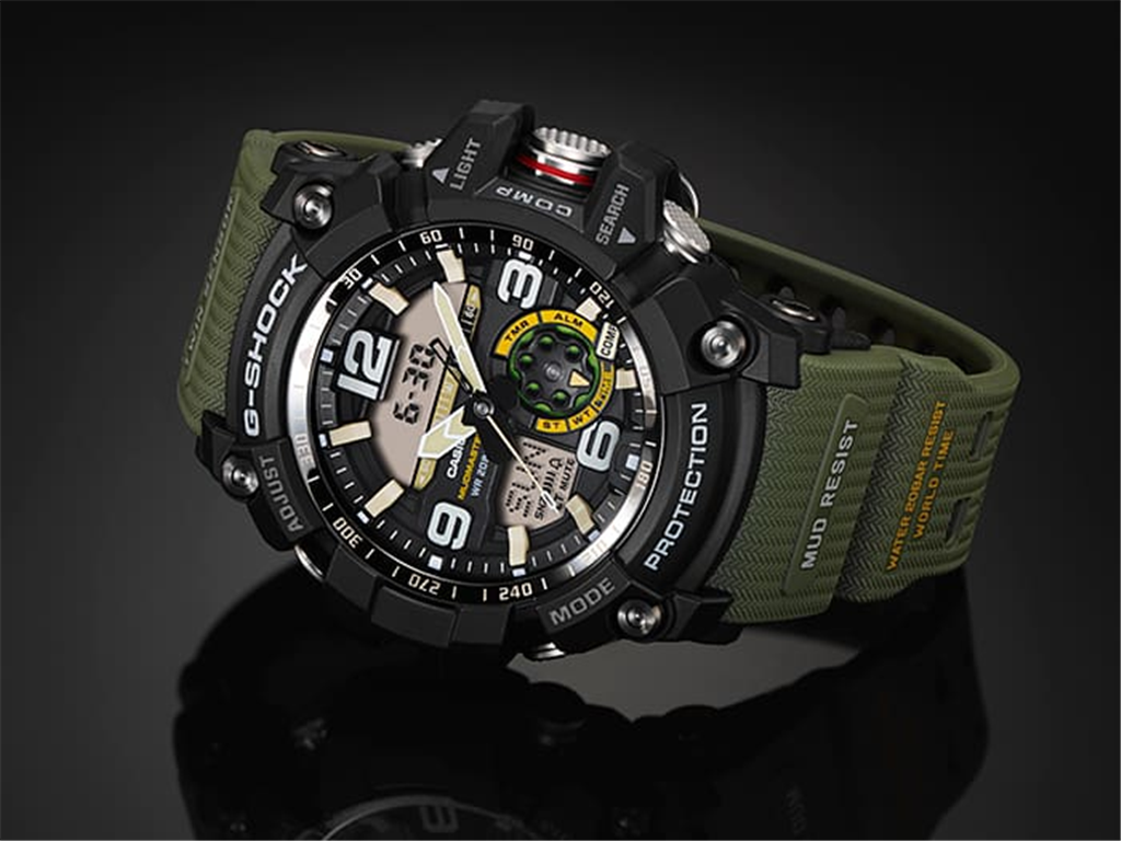G-Shock Master of G Mudmaster Stainless Steel/Black Resin Watch with Green Strap