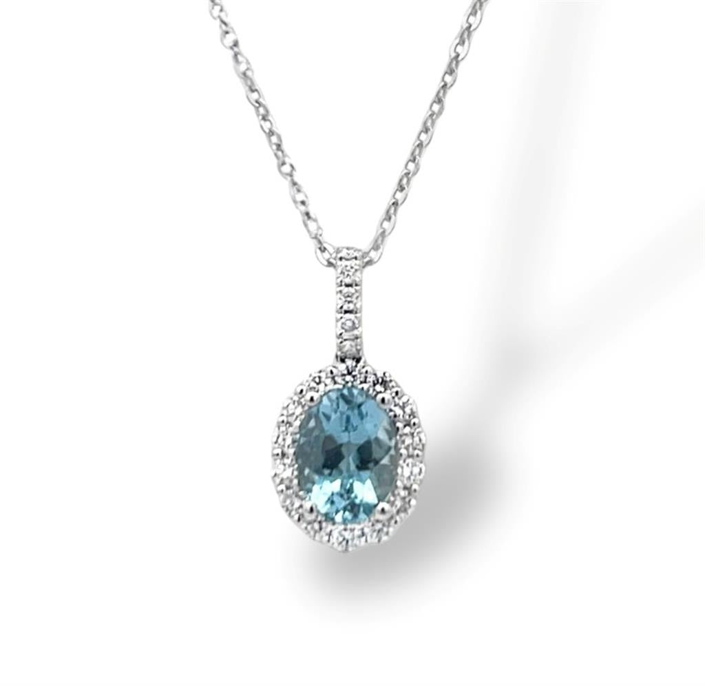 18kt White Gold Aquamarine & Diamond Halo Pendant Necklace