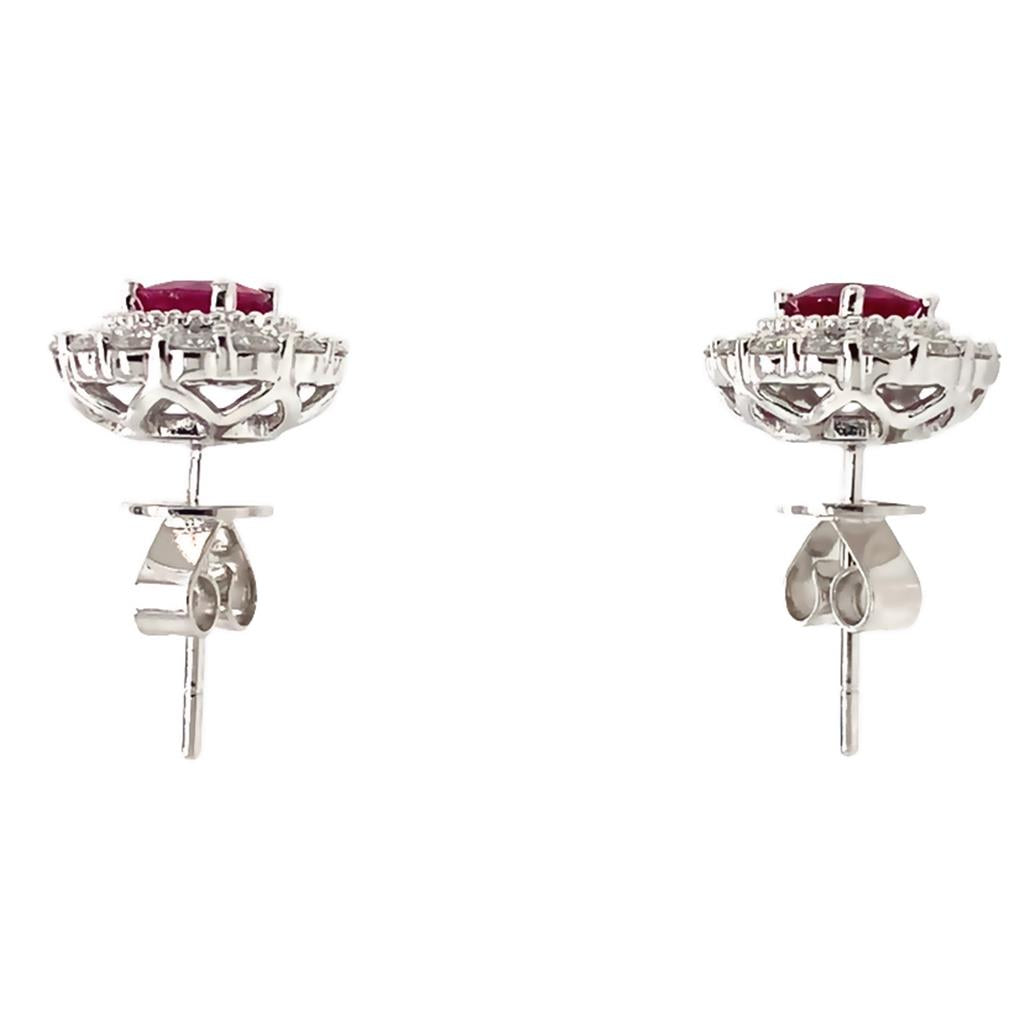 18kt White Gold Ruby & Diamond Fancy Halo Stud Earrings – 1.19ct Rubies - side view