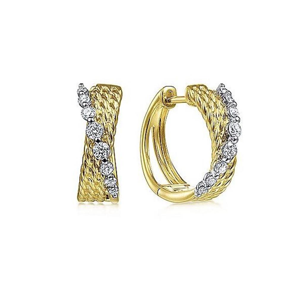14kt Two-Tone 15mm Twisted Huggie Diamond Hoop Earrings