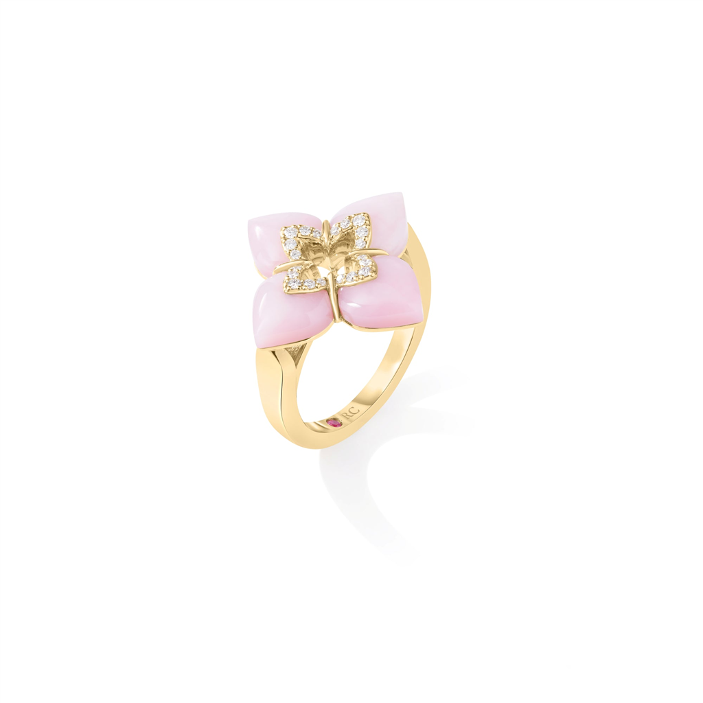 18kt Yellow Gold Roberto Coin Venetian Princess Pink Opal & Diamond Flower Ring – Size 6.5