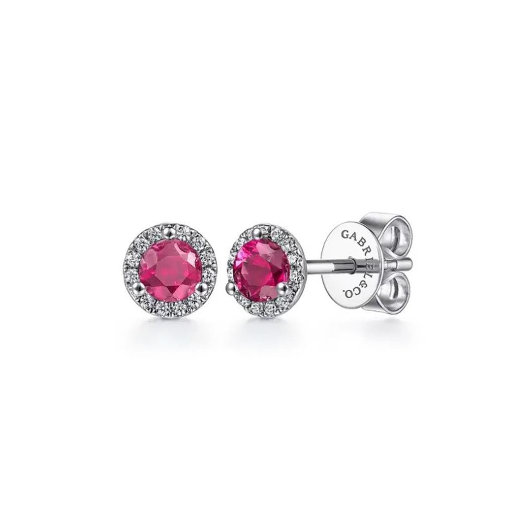 14kt White Gold Ruby & Diamond Halo Stud Earrings EG12372W45RA